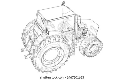 Farm Tractor Concept. Vector rendering of 3d. Wire-frame style. The layers of visible and invisible lines are separated