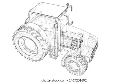 Farm Tractor Concept. Vector rendering of 3d. Wire-frame style. The layers of visible and invisible lines are separated