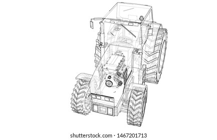 Farm Tractor Concept. Vector rendering of 3d. Wire-frame style. The layers of visible and invisible lines are separated