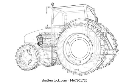 Farm Tractor Concept. Vector rendering of 3d. Wire-frame style. The layers of visible and invisible lines are separated