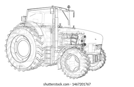 Farm Tractor Concept. Vector rendering of 3d. Wire-frame style. The layers of visible and invisible lines are separated