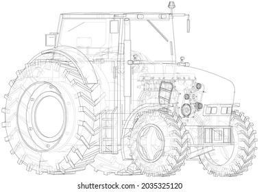 Farm Tractor Concept. Vector rendering of 3d. Wire-frame style. The layers of visible and invisible lines are separated. Orthography or isometric