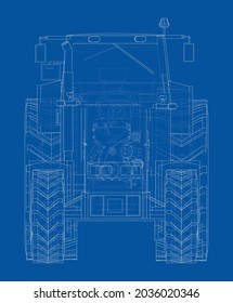 Farm Tractor Concept. Vector rendering of 3d. Wire-frame style. The layers of visible and invisible lines are separated. Orthography or isometric