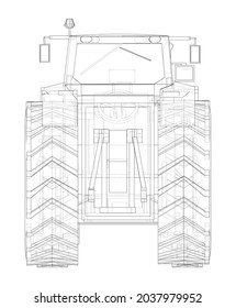 Farm Tractor Concept. Vector rendering of 3d. Wire-frame style. The layers of visible and invisible lines are separated. Orthography or isometric