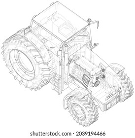 Farm Tractor Concept. Vector rendering of 3d. Wire-frame style. The layers of visible and invisible lines are separated. Orthography or isometric