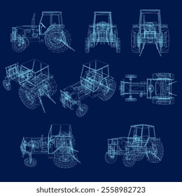 Farm Tractor contour Vector set, outline Tractor Illustration