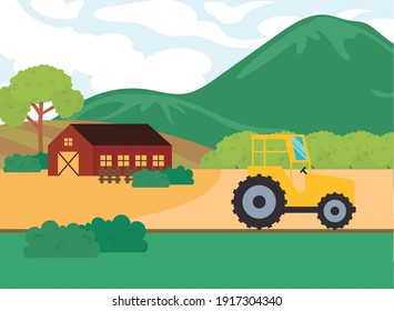 Tractor agrícola frente al diseño de montaña, cosecha agrícola de estilo de vida agronómico y tema agrícola Ilustración vectorial