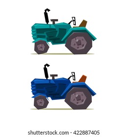 farm tractor, front view, blue and green, cartoon style, for design, vector illustration