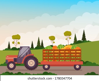 Farm tractor full of fruit. Vector flat cartoon graphic design illustration