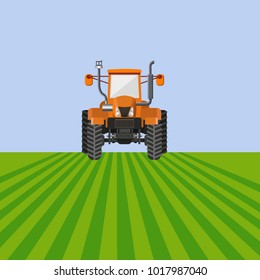 Farm tractor in green field. Vector illustration