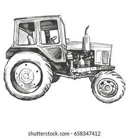 Farm tractor hand drawn vector illustration realistic sketch