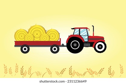 Farm tractor icon illustration with wheat field in the background. Agriculture and Farming. Agribusiness Tracktor. Rural landscape. Design elements for info graphic, websites and print media. Tractor 