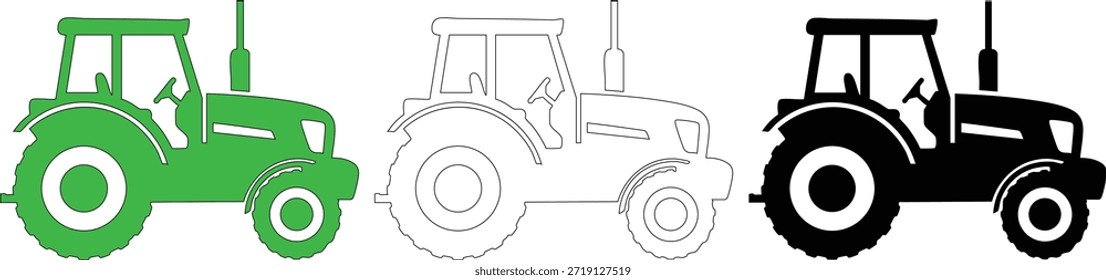 Conjunto de iconos de tractor agrícola presenta un vehículo agrícola en verde sólido, contorno y estilos de silueta. Colección ideal para diseños relacionados con la agricultura, la maquinaria o el trabajo rural.