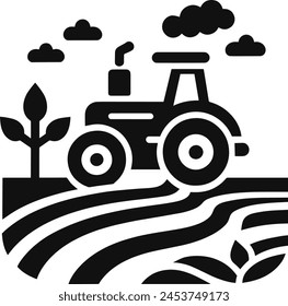 Farm Tractor icon, simple and clean track icon with land, Farming and agriculture concept. Harvester trucks, tractors.