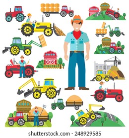 Farm tractor and industrial excavator driver icons set flat isolated vector illustration