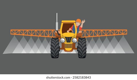 Farm tractor with an irrigation system. Agricultural machinery and equipment. Vector illustration isolated on a dark background