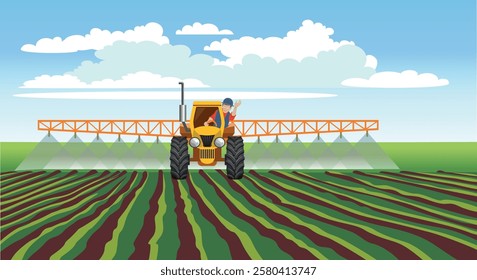 Farm tractor with an irrigation system watering green field. Agricultural machinery. Vector illustration