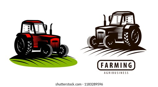 Farm tractor logo or label. Agriculture, farming, agribusiness symbol. Vector illustration