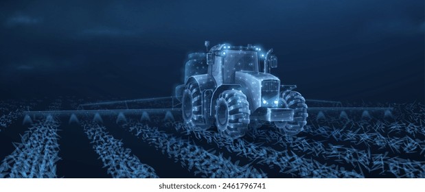 Ackerschlepper auf Bewässerung. Anbau von Zuschneiden, Sojaplantage, Landwirtschaft, Agrarindustrie, Düngerspray, Entwicklung der Landwirtschaft, Sojabohnenproduktion, Anwendungskonzept für Pestizide