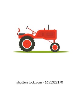 Farm tractor on white background. Red vintage tractor icon. Agricultural equipment.Flat style vector illustration