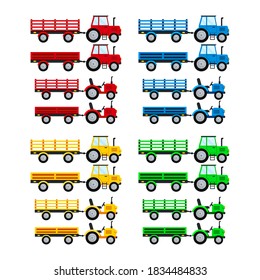 Farm tractor with open trailer icon set isolatet on white background. Colorful small and big wheel farmer tractor. Flat design cartoon style agricultural car machine for field work vector illustration