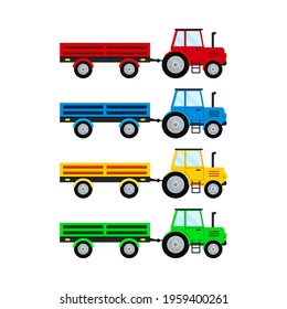 Farm tractor and open trailer set isolatet on white background. Red, blue, yellow, green farmer simple truck with black wheel. Flat design cartoon agricultural car for field work vector illustration