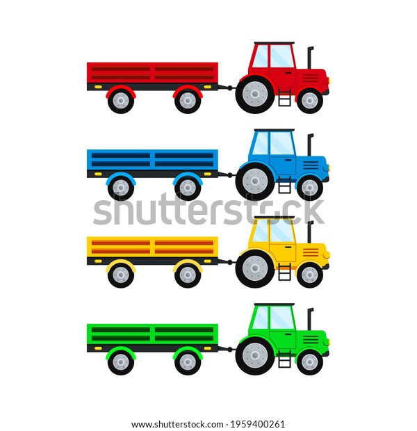 Farm tractor and open trailer set isolatet\
on white background. Red, blue, yellow, green farmer simple truck\
with black wheel. Flat design cartoon agricultural car for field\
work vector illustration