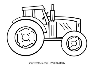 Farm tractor outline illustration. Side view of a tractor. Vector artwork. Farming, agriculture, vehicle.