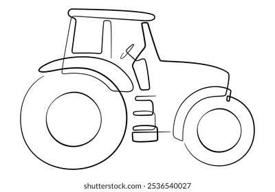 Ilustración de contorno de tractor agrícola. Tractor desde la vista lateral. Dibujo de línea aislado sobre un fondo blanco.