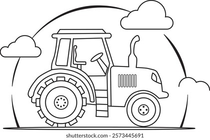 Farm tractor outline vector illustration is perfect for coloring pages. Individual parts of the tractor (wheels, engine, cabin, etc.) are drawn on separate layers for easy editing and customization.