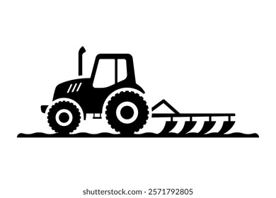 Farm tractor with plow in field icon. Black silhouette. Side view. Vector simple flat graphic illustration. Isolated object on white background. Isolate.