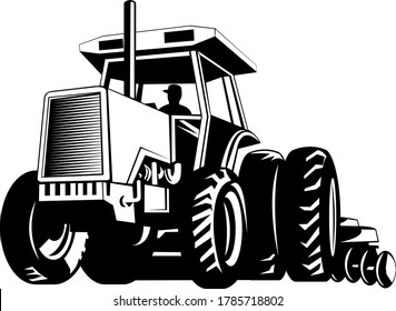 Farm Tractor Pulling a Plow or Plough While Plowing Retro Black and White