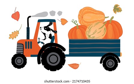 Farm Tractor With Pumpkin Trailer And Dog Driver Isolated On White.Pumpkin Season Colorful Background For Design Card,sticker,poster,banner.Vector Flat Cartoon Illustration.