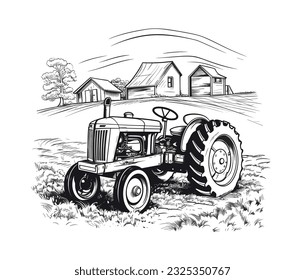 Farm tractor retro sketch. Agricultural machinery vector illustration