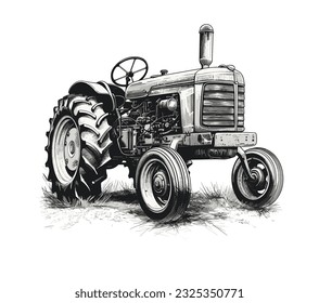 Farm tractor retro sketch. Agricultural machinery vector illustration