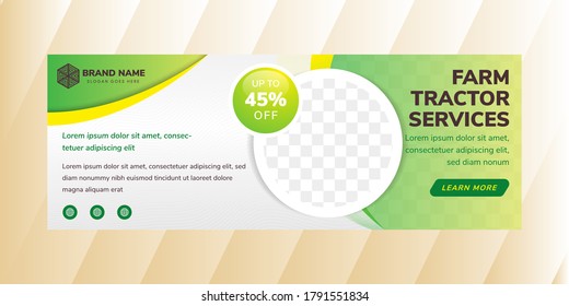 Farm Tractor Services horizontal layout banner design template. Circle space for photo collage. wave line pattern in green gradient and grey colors. 