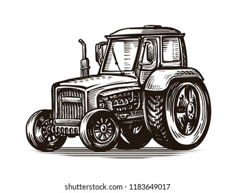 Farm tractor, sketch Agriculture, farming, agribusiness concept. Vintage vector illustration