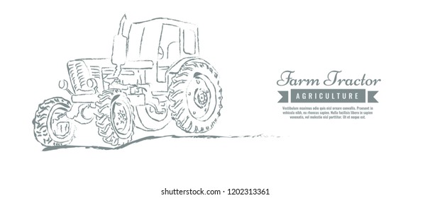 Farm tractor with sketch style line art design. Hand drawn vector illustration.