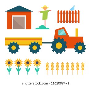 Farm tractor with trailer and building shed. Scarecrow and fence with bird, sunflowers plant and wheat crops grain. Farming homestead icons set vector
