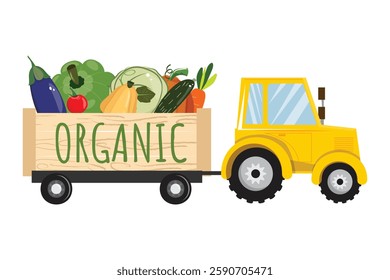 Farm tractor with a trailer loaded with organic produce like zucchini, pumpkin, and cabbage, isolated