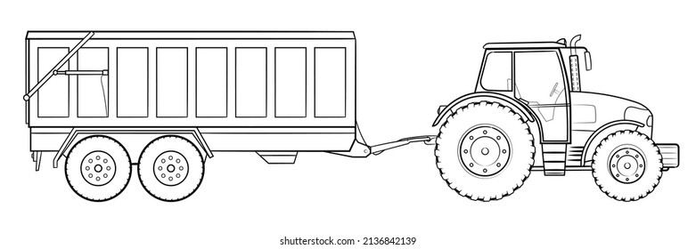 Farm tractor with trailer - stock outline illustration of a vehicle.