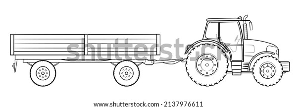 Farm tractor with trailer - stock outline\
illustration of a\
vehicle.