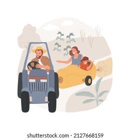 Farm tractor train ride isolated cartoon vector illustration Tractor pulling colorful wagons, happy family sitting in small train carriage, farm, day trip, riding in the fields vector cartoon.