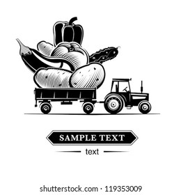 Tractor de granja con verduras. Ilustración vectorial en el estilo de grabado