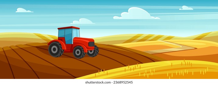 Tractor de granja en la ilustración de los vectores del paisaje de la aldea. Máquina agrícola de dibujos animados, cultivo en campos de trigo amarillo en colinas rurales, trabajo agrícola de los agricultores en verano y otoño