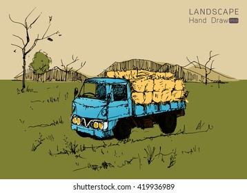 Farm tractor with wagons transporting hay Hand drawn style,Vector illustration