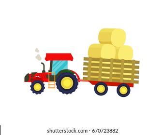 Farm tractor. Wheeled loaded farm tractor with trailer transporting hay bale isolated on white background. Agricultural rural machinery icon vector illustration
