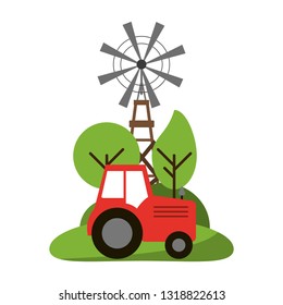 farm tractor and windmill in nature