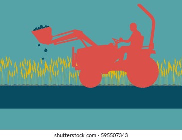 Farm tractor with worker inside cabin working in field vector background