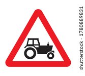 Farm traffic road sign. Vector illustration of red triangle warning traffic sign with tractor pictogram inside. Attention, tractors operation.
